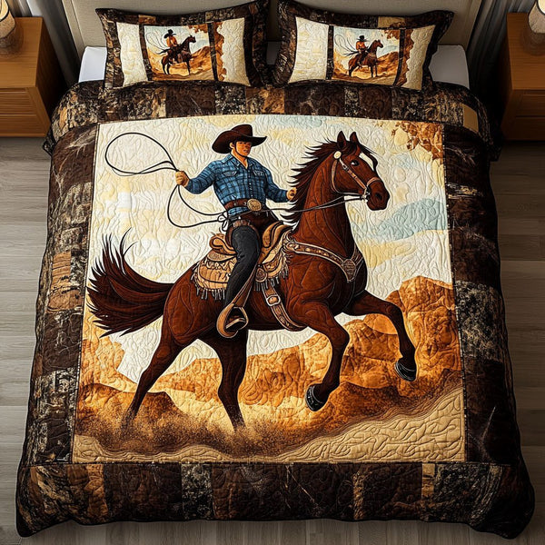Rodeo Spirit quilted 3-piece bedding set on a made bed in a rustic timber bedroom