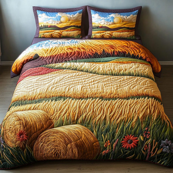 Rolling Acres quilted 3-piece bedding set on a made bed with two matching pillow shams