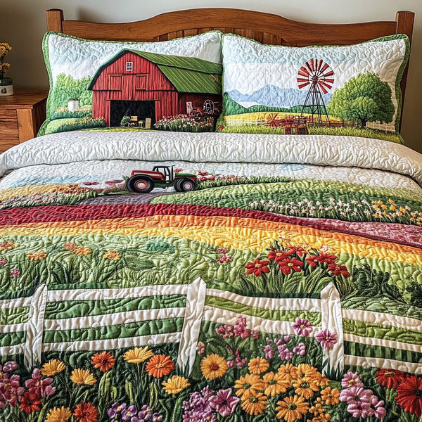 Rolling Acres quilted 3-piece bedding set on a made bed with two matching pillow shams