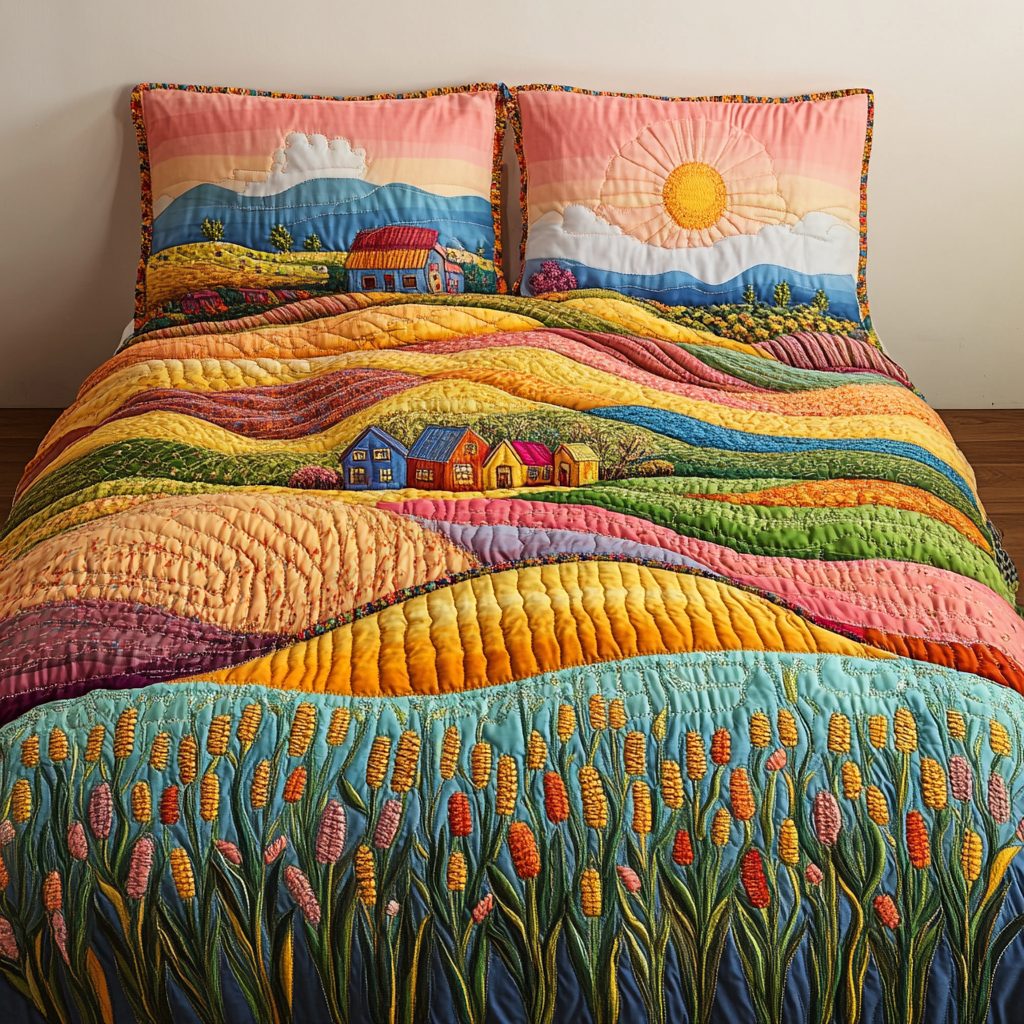 Rolling Beauty quilted 3-piece bedding set on a made bed with two matching pillow shams