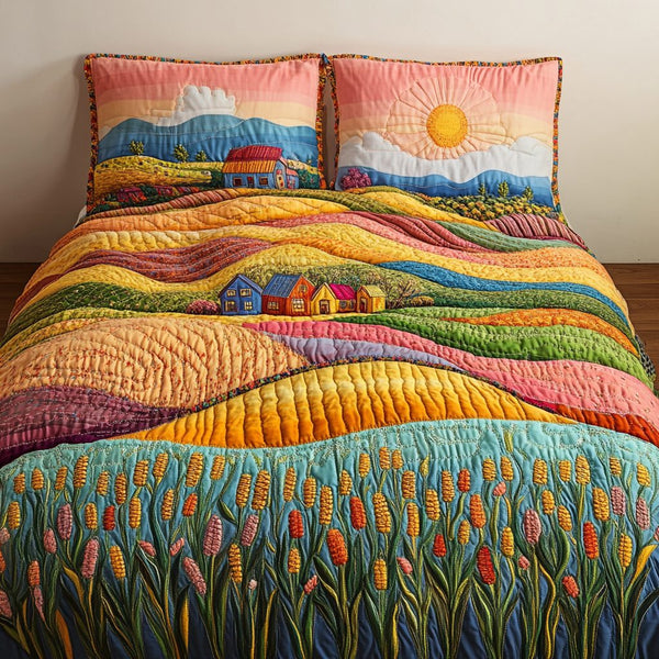 Rolling Beauty quilted 3-piece bedding set on a made bed with two matching pillow shams