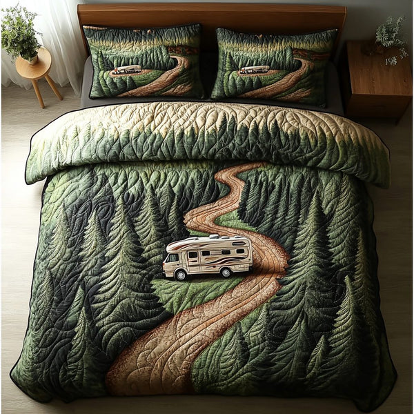 Rolling Comfort quilted 3-piece bedding set on a made bed with two matching pillow shams