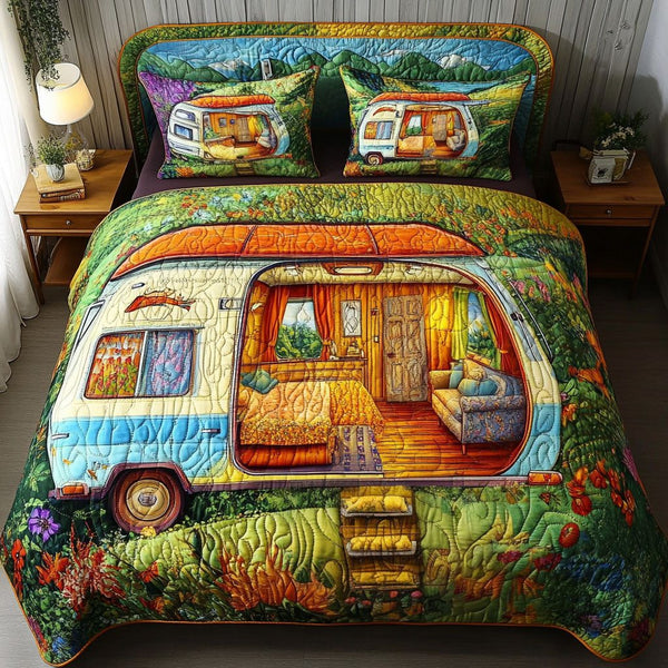 Rolling Cottage quilted 3-piece bedding set on a made bed in a farmhouse bedroom