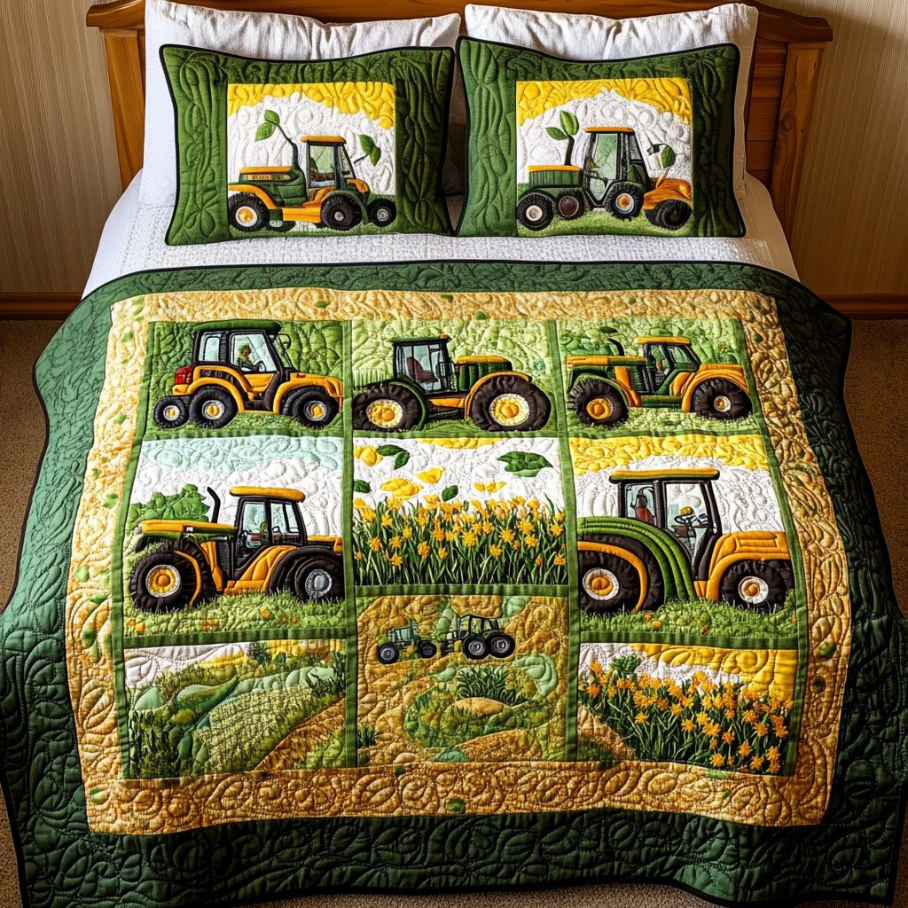 Rolling Fields quilted 3-piece bedding set on a made bed with two matching pillow shams