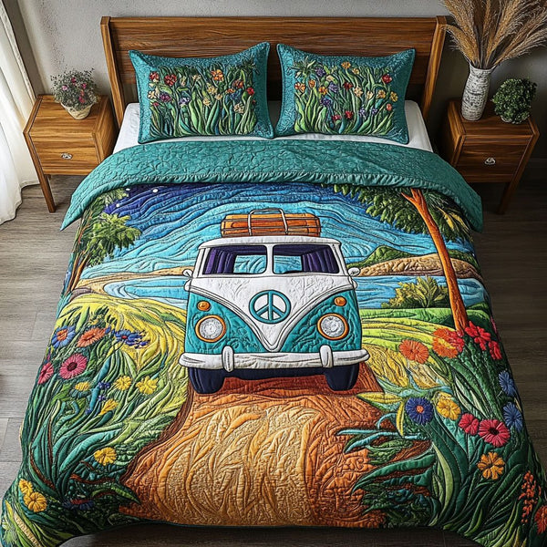 Rolling Freedom quilted 3-piece bedding set on a made bed in a warmly lit bedroom