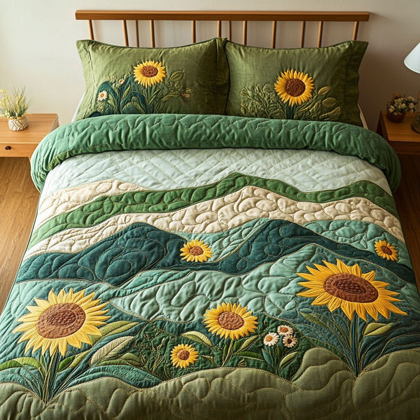 Rolling Green quilted 3-piece bedding set on a made bed with two matching pillow shams
