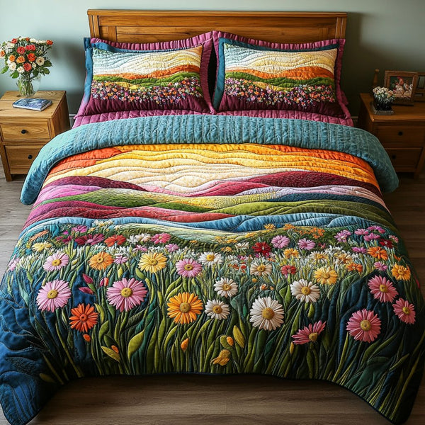 Rolling Greens quilted 3-piece bedding set on a made bed with two matching pillow shams