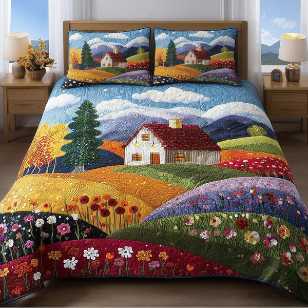 Rolling Heaven quilted 3-piece bedding set on a made bed in a softly lit bedroom