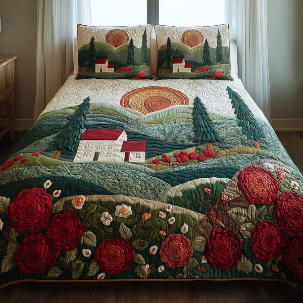 Rolling Heaven quilted 3-piece bedding set on a made bed in a softly lit bedroom