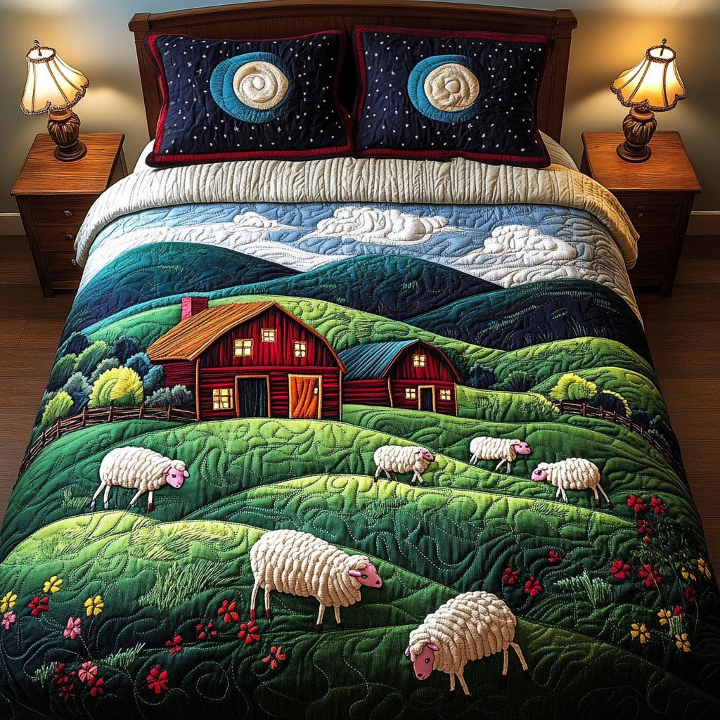 Rolling Hills Barn quilted 3-piece bedding set on a made bed in a farmhouse bedroom