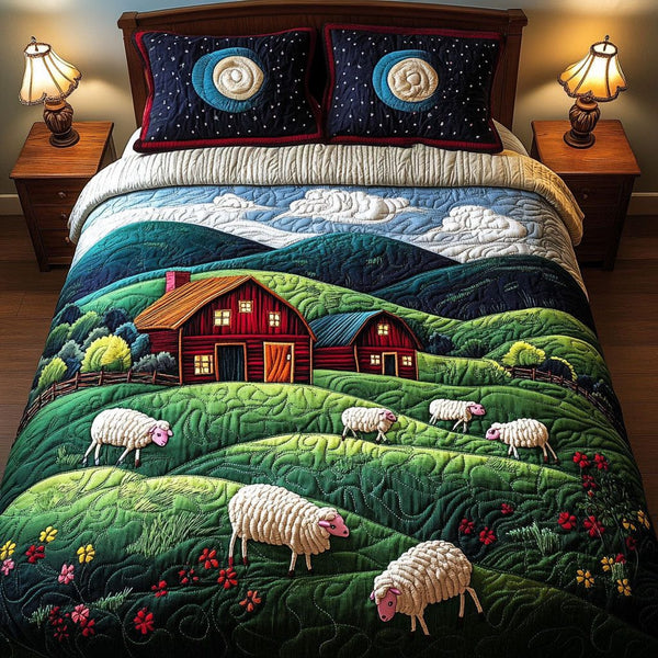 Rolling Hills Barn quilted 3-piece bedding set on a made bed in a farmhouse bedroom