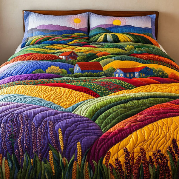 Rolling Hills quilted 3-piece bedding set on a made bed with two matching pillow shams