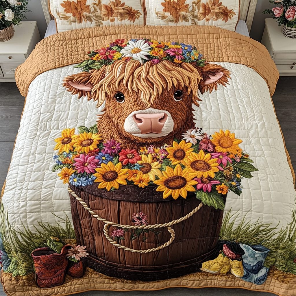 Rolling Hills quilted 3-piece bedding set on a made bed with two matching pillow shams