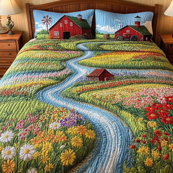 Rolling Hills quilted 3-piece bedding set on a made bed with two matching pillow shams
