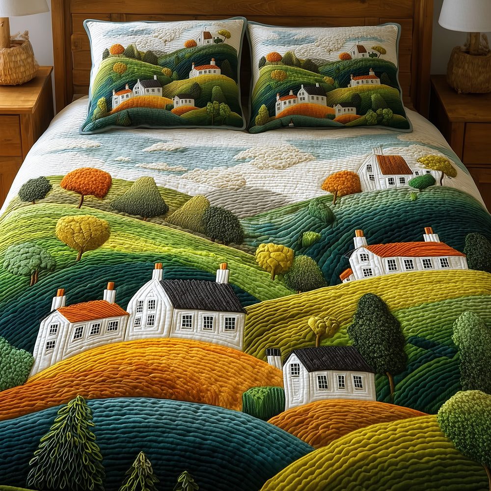 Rolling Hills quilted 3-piece bedding set on a made bed with two matching pillow shams