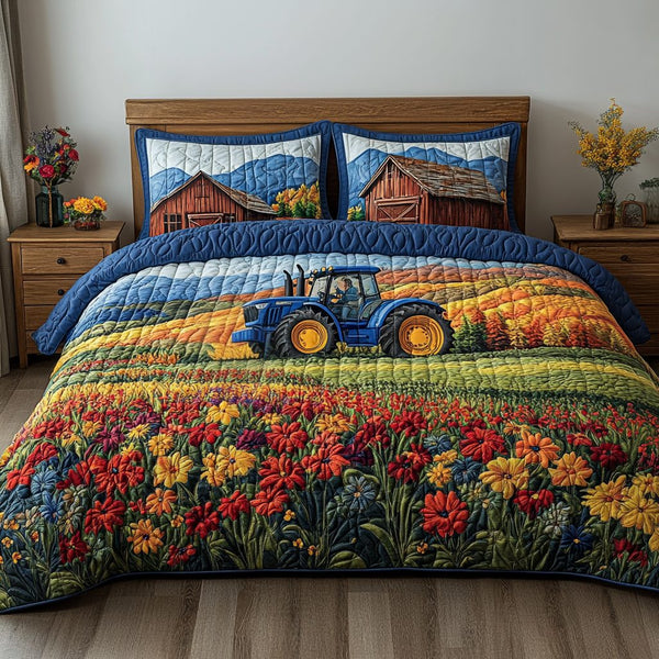 Rolling Land quilted 3-piece bedding set on a made bed with two matching pillow shams