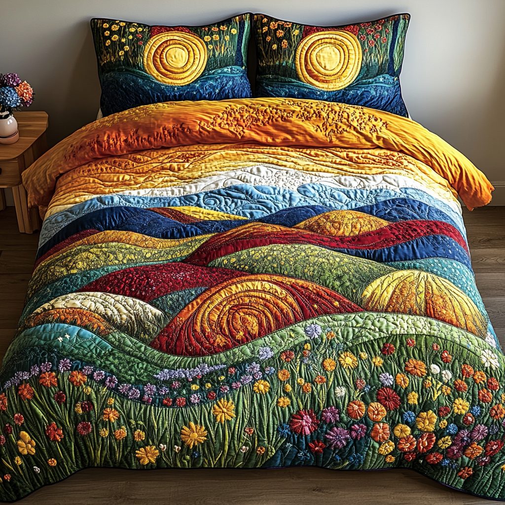 Rolling Meadow Sunset quilted 3-piece bedding set on a made bed with two matching pillow shams