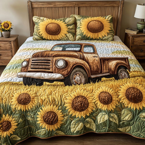 Rolling Meadows quilted 3-piece bedding set on a made bed with two matching pillow shams