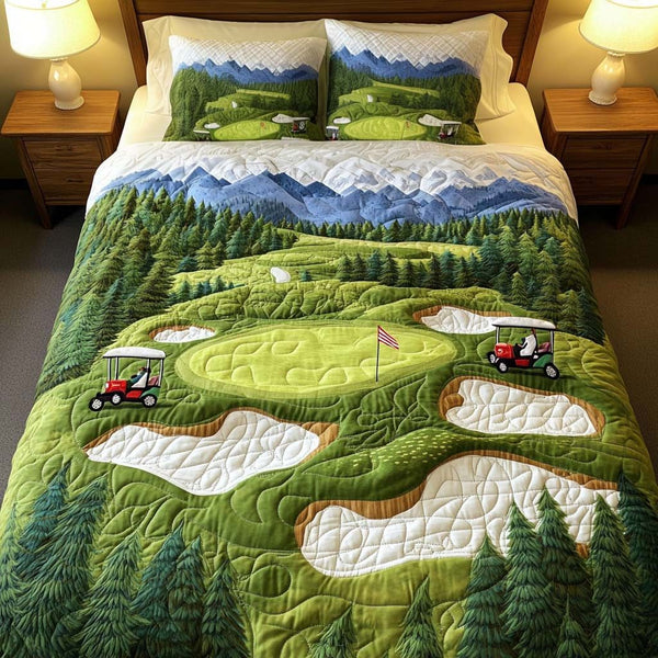 Rolling Stone Golf Course quilted 3-piece bedding set on a made bed with two matching pillow shams