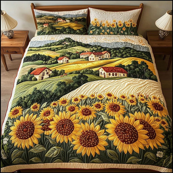 Rolling Sunflower Hills quilted 3-piece bedding set on a made bed with two matching pillow shams