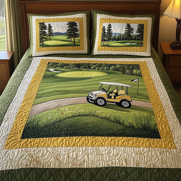 Rolling Through the Pines quilted 3-piece bedding set on a made bed with two matching pillow shams