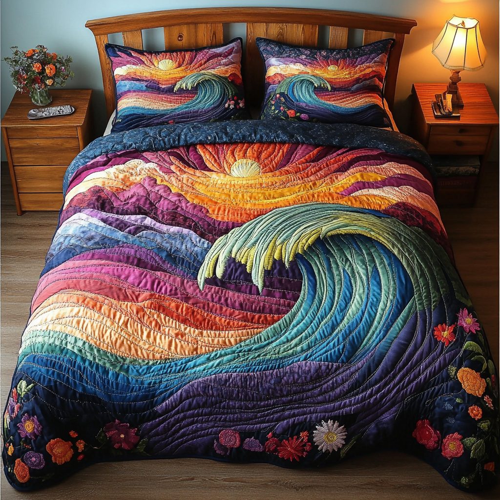 Rolling Tide quilted 3-piece bedding set on a made bed in a light coastal bedroom