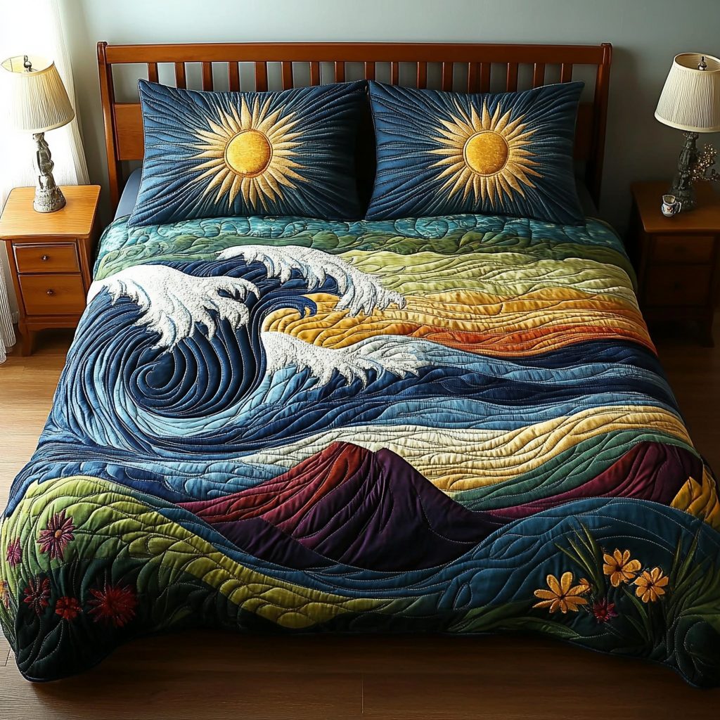 Rolling Tide quilted 3-piece bedding set on a made bed in a light coastal bedroom