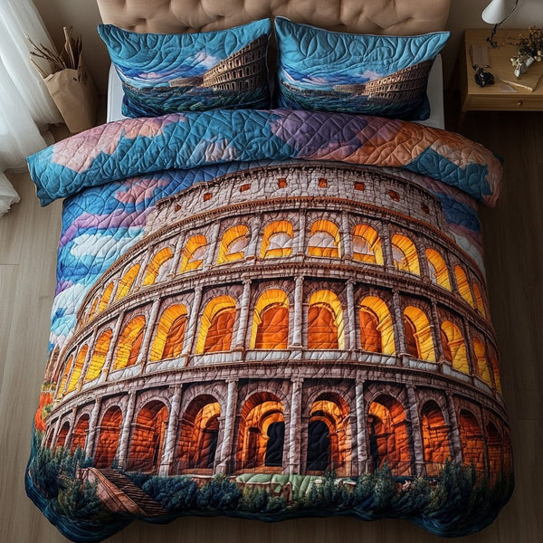 Roman Glory quilted 3-piece bedding set on a made bed with two matching pillow shams