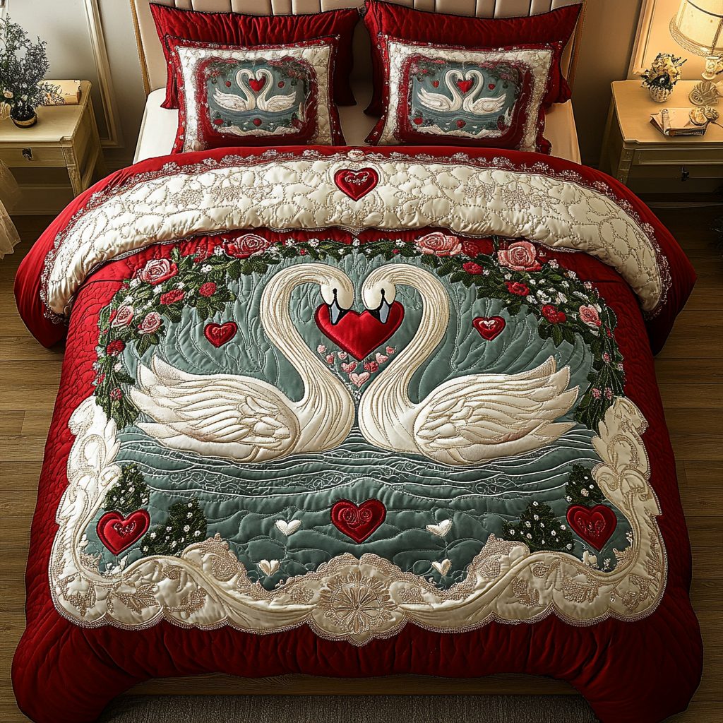 Romance on the Lake quilted 3-piece bedding set on a made bed with two matching pillow shams