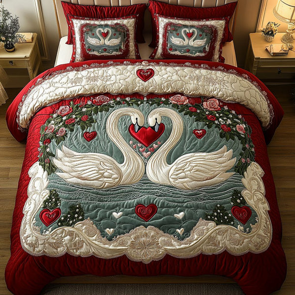 Romance on the Lake quilted 3-piece bedding set on a made bed with two matching pillow shams