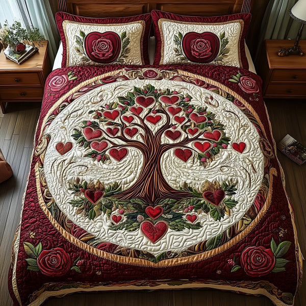 Romance Tree Of Life quilted 3-piece bedding set on a made bed with two matching pillow shams