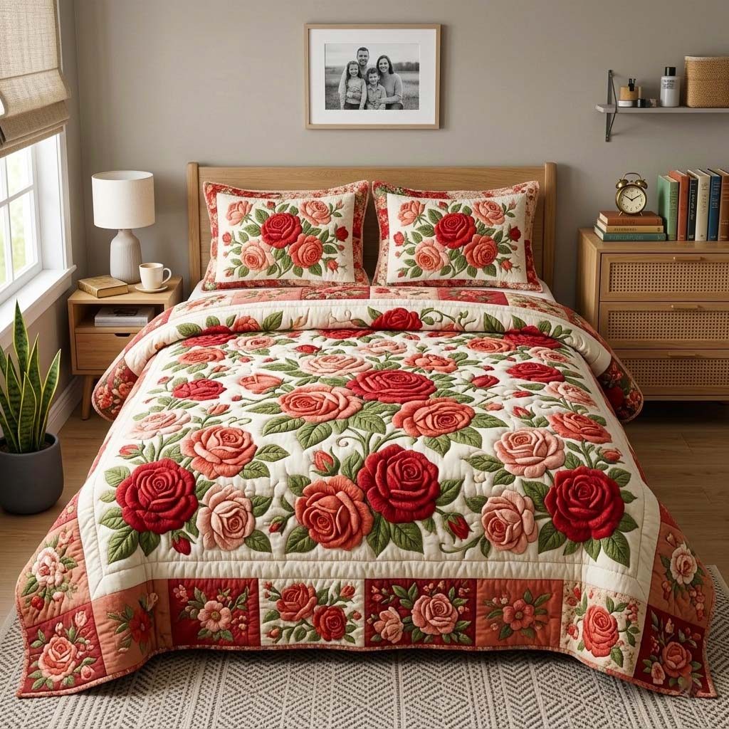 Romantic Blush quilted 3-piece bedding set on a made bed with two matching pillow shams
