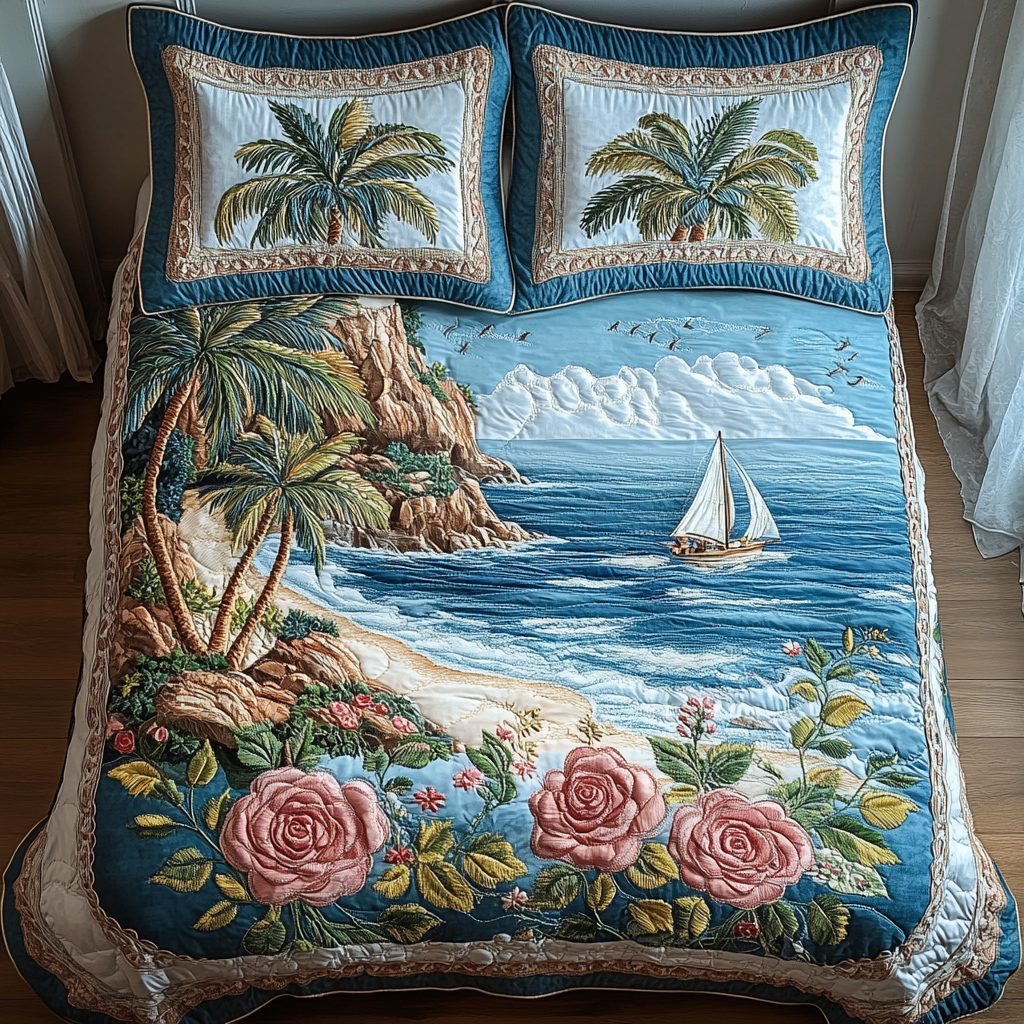 Romantic Escape quilted 3-piece bedding set on a made bed with two matching pillow shams