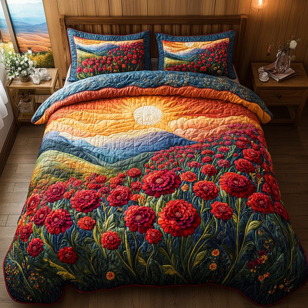 Romantic Field quilted 3-piece bedding set on a made bed with two matching pillow shams