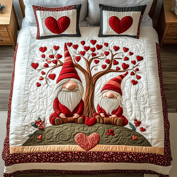 Romantic Gnome quilted 3-piece bedding set on a made bed in a winter-styled bedroom