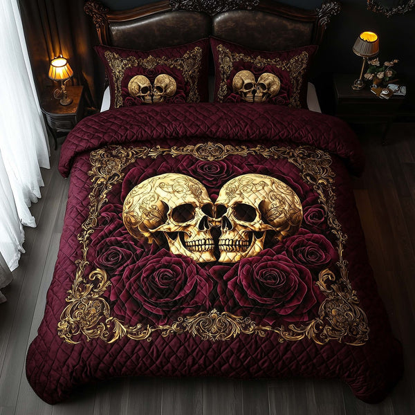 Romantic Gothic Skulls quilted 3-piece bedding set on a made bed against a dark styled interior
