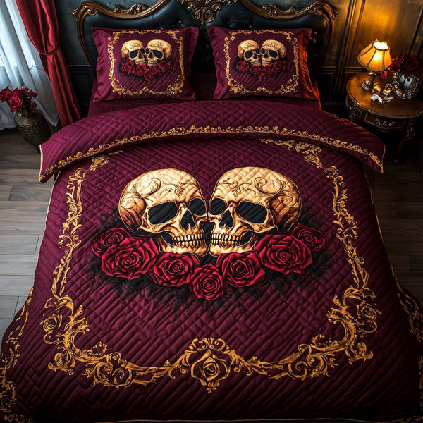 Romantic Gothic Skulls quilted 3-piece bedding set on a made bed against a dark styled interior
