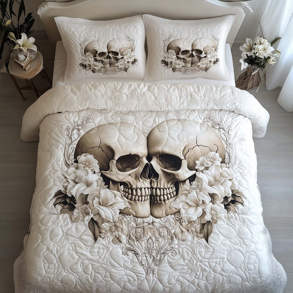 Romantic Gothic Skulls quilted 3-piece bedding set on a made bed against a dark styled interior