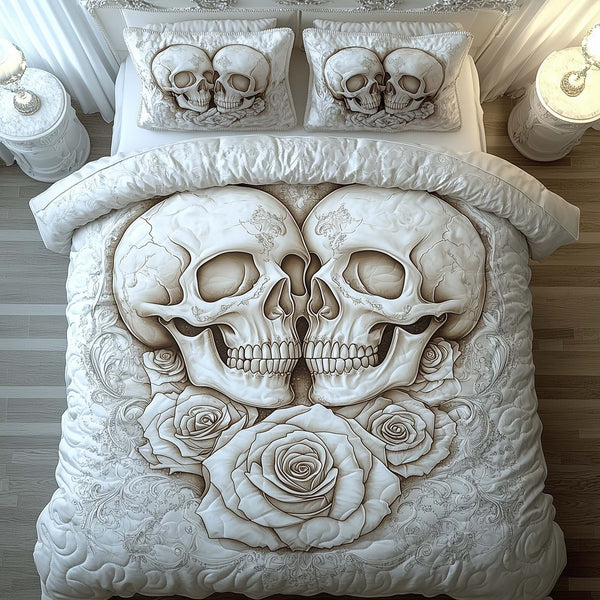 Romantic Gothic Skulls quilted 3-piece bedding set on a made bed against a dark styled interior