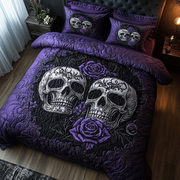 Romantic Gothic Skulls quilted 3-piece bedding set on a made bed against a dark styled interior