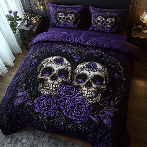 Romantic Gothic Skulls quilted 3-piece bedding set on a made bed against a dark styled interior