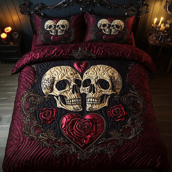 Romantic Gothic Skulls quilted 3-piece bedding set on a made bed against a dark styled interior