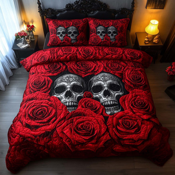 Romantic Gothic Skulls quilted 3-piece bedding set on a made bed against a dark styled interior