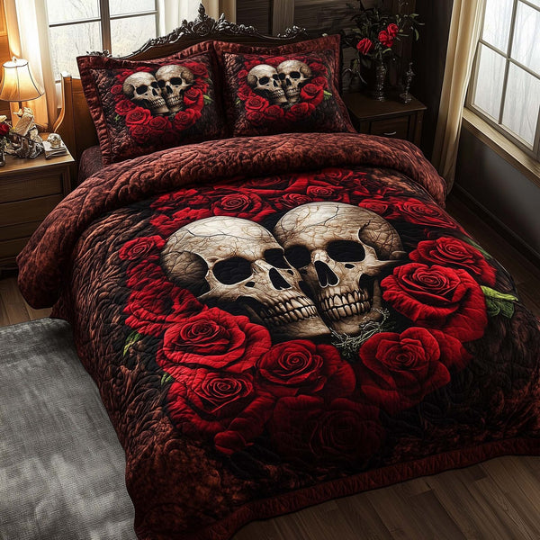 Romantic Gothic Skulls quilted 3-piece bedding set on a made bed against a dark styled interior