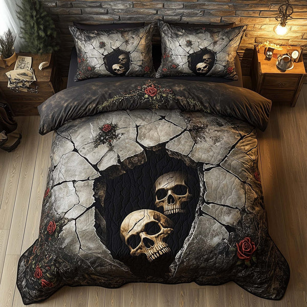 Romantic Gothic Skulls quilted 3-piece bedding set on a made bed against a dark styled interior