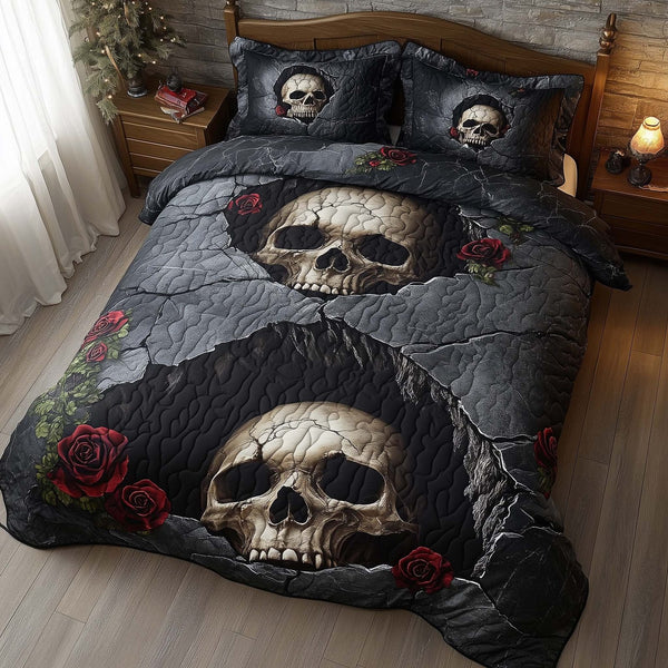 Romantic Gothic Skulls quilted 3-piece bedding set on a made bed against a dark styled interior