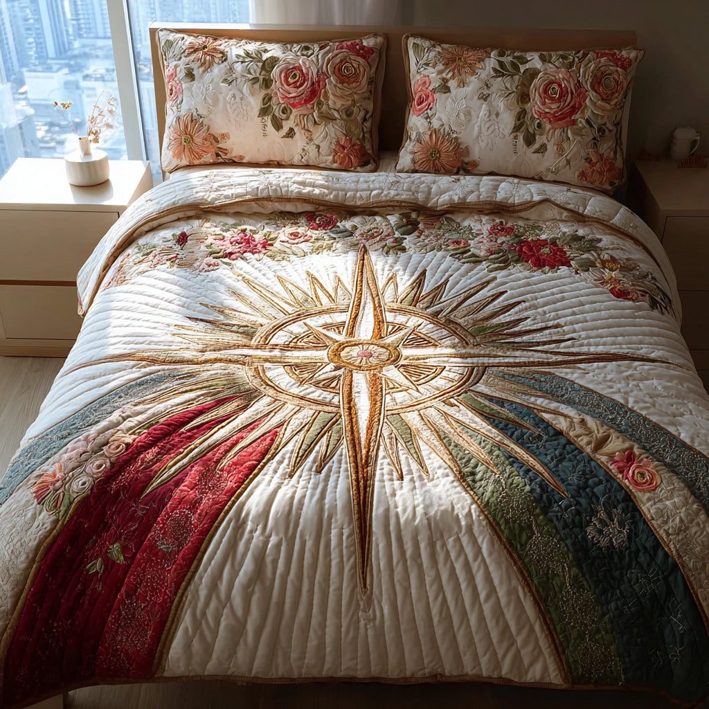 Romantic Guide quilted 3-piece bedding set on a made bed with two matching pillow shams