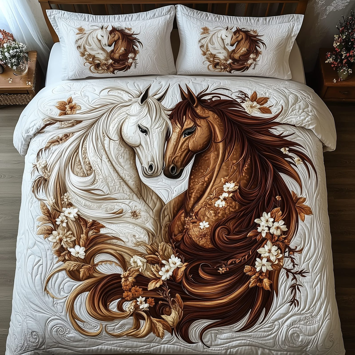 Romantic Hourse Couple quilted 3-piece bedding set on a made bed with two matching pillow shams