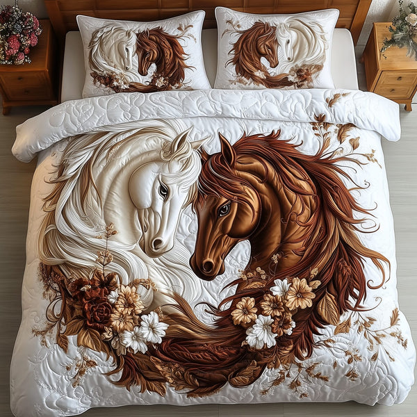 Romantic Hourse Couple quilted 3-piece bedding set on a made bed with two matching pillow shams