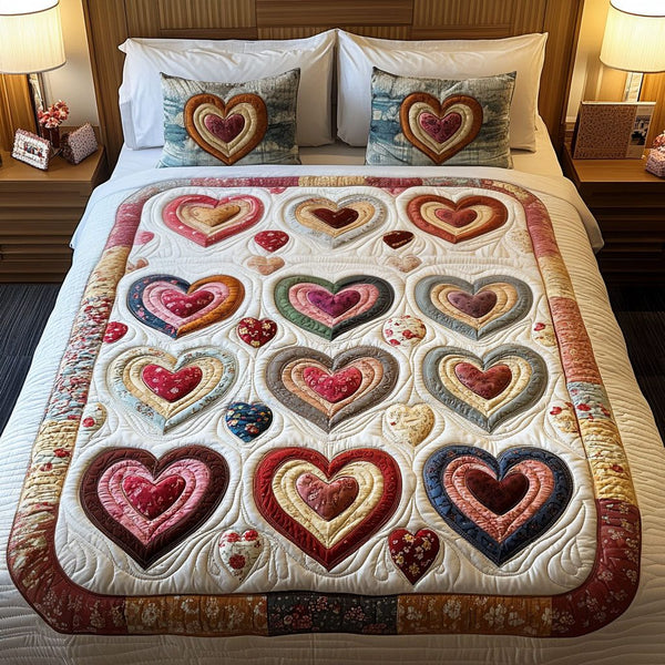 Romantic Petals quilted 3-piece bedding set on a made bed with two matching pillow shams